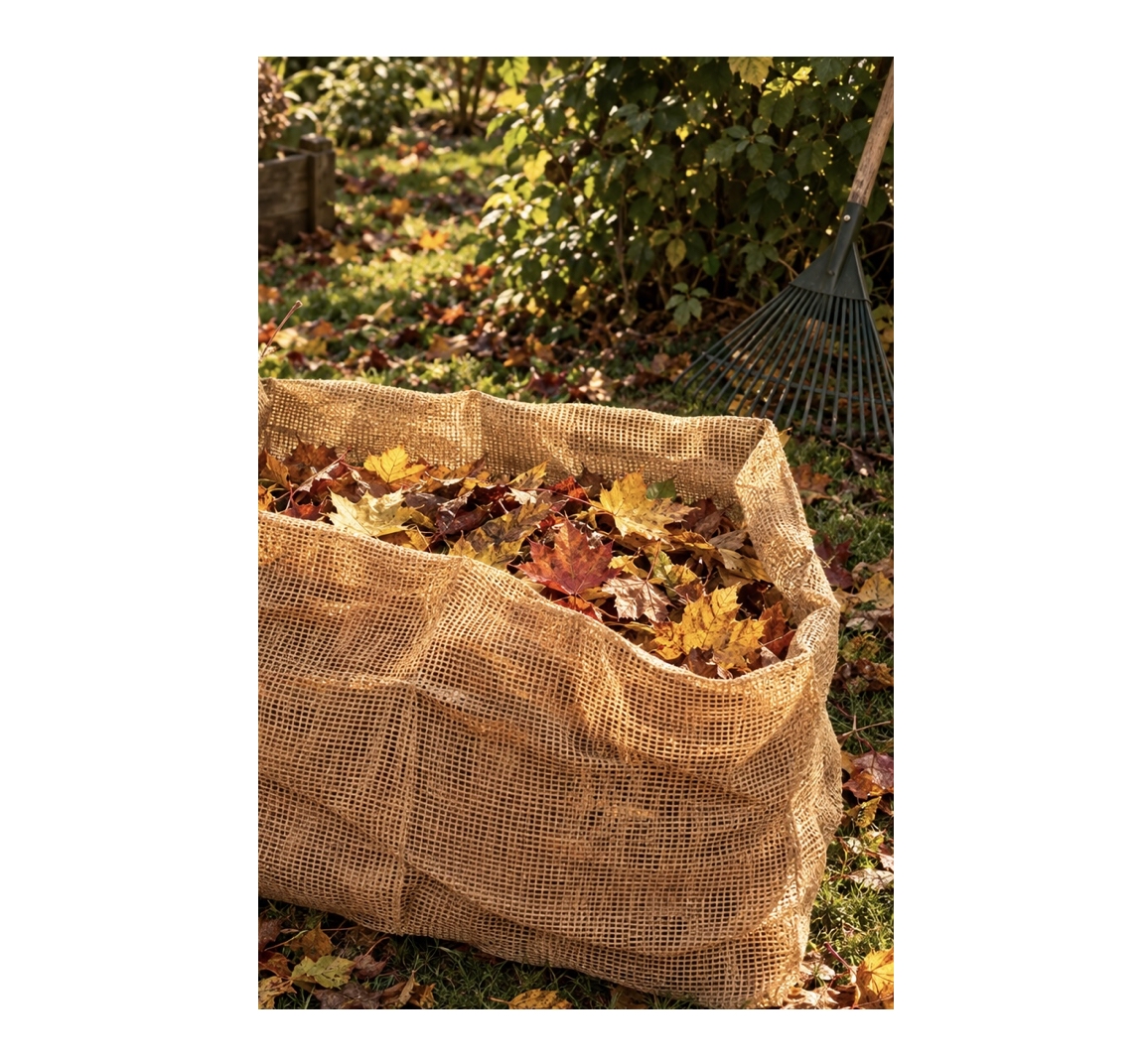 Ein großer Jute-Laubsack steht im Garten, gefüllt mit bunten Herbstblättern in Gelb, Orange und Rot. Auf dem sonnigen Rasen liegen weitere Blätter. Im Hintergrund sind Büsche, Holzzaun und grüne Harke.