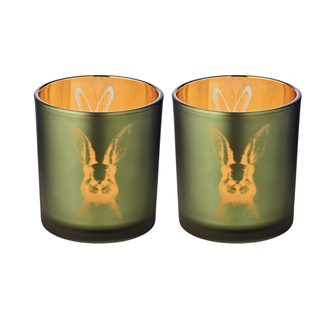 Bunny_Hase_gr-n_gold_Teelichtglas_2er-Set_Edzard Edzard BUNNY GLASS LANTERNS, Hase Teelichtgläser, 2er Set, grün gold