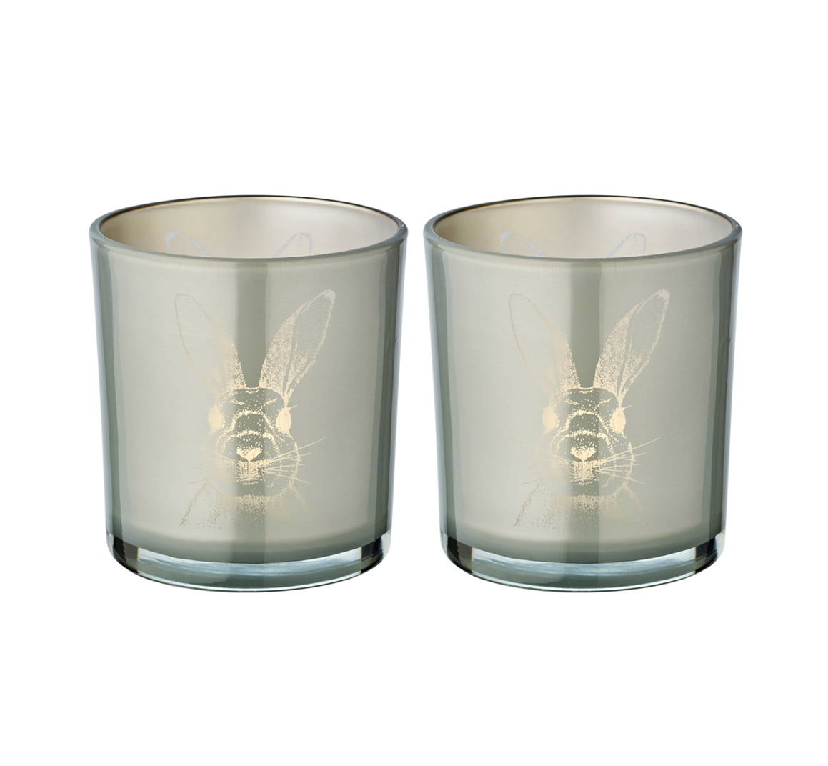 Bunny_Hase_silbergrau_weiss_Teelichtglas_2er-Set_Edzard Edzard BUNNY GLASS LANTERNS, Hase Teelichtgläser, 2er Set, silbergrau weiss
