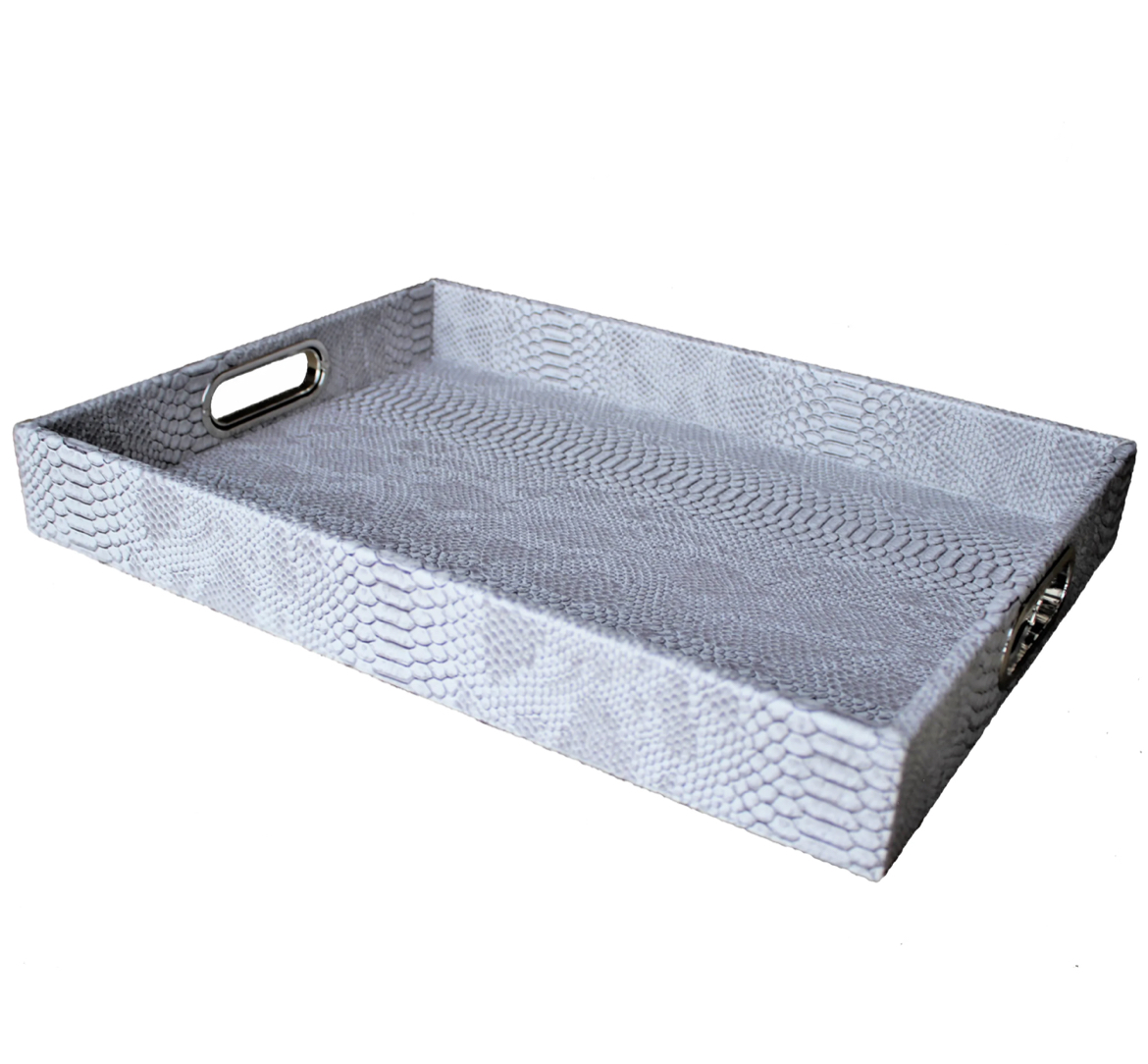 Python_Tablett_grau_Signature_Home_Collection2 Signature Home Collection PYTHON TRAY Reptiloptik-Tablett mit Edelstahl-Griffen grau